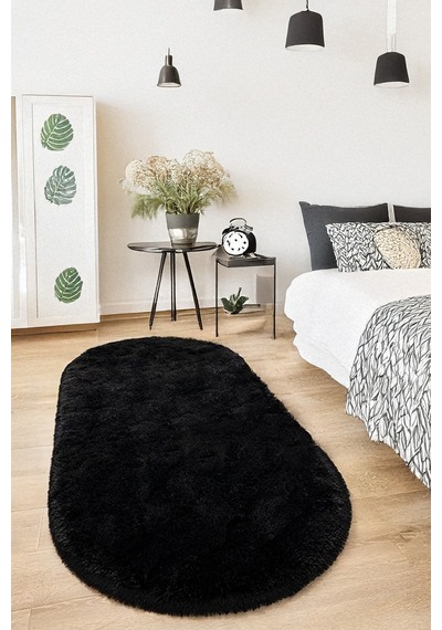 Siyah Oval Post Halı Kesme Yolluk Peluş Yumuşak Kaymaz Dot Taban