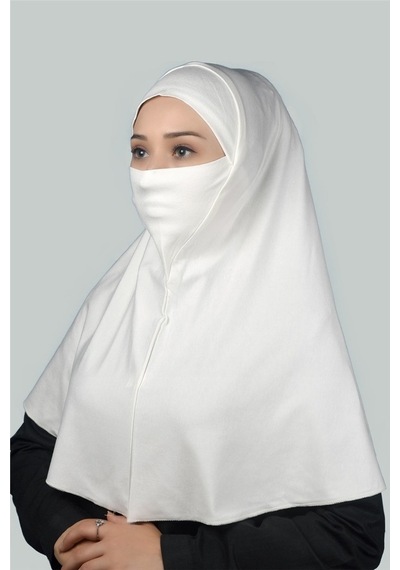 Altobeh Hazır Türban Peçeli Pratik Eşarp Tesettür Nikaplı Hijab - Namaz Örtüsü Sufle (XL) - Ekru