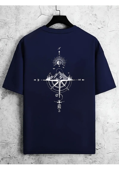 Unisex Yön Gösteren Baskılı Tasarım Tshirt Lacivert