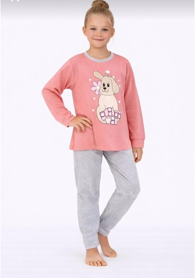 Kız Çocuk Baskılı Uzun Kollu Pijama Takımı Sevimli Ev Giyimi-8408- Pembe