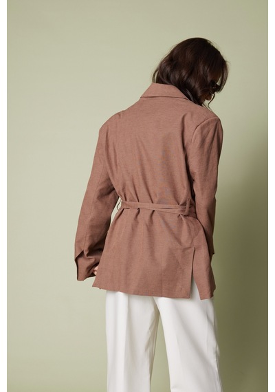 Keten Karışımlı Kuşaklı Blazer Ceket Çikolata