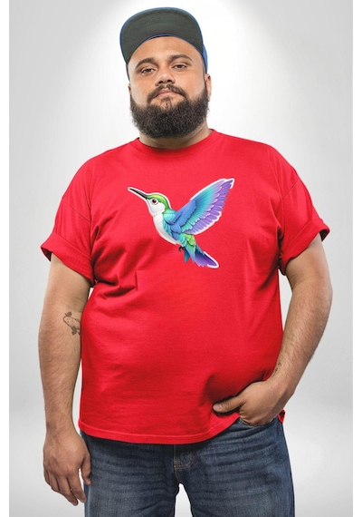 Angemiel Sinek Kuşu Renkli Kırmızı Büyük Beden Erkek Kadın Unisex Basic Ön Baskılı Tişört Kırmızı