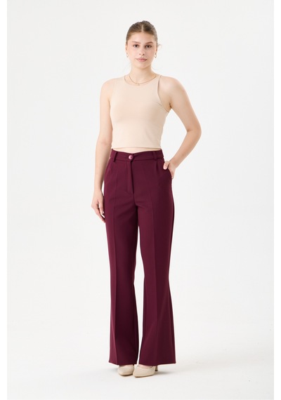 Velnara Moda Mürdüm İspanyol Paça Cepli Yüksek Bel Dokuma Kumaş Kadın Pantolon Bordo Mürdüm - 918305891 Bordo Mürdüm