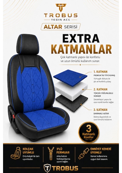 Fiat Egea Cross 2020 Sonrası Uyumlu Altar Serisi Tay Tüyü Mavi Siyah Premium Koltuk Kılıfı