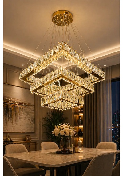 3 Katlı Kristal Kare Kumandalı 3 Renk Led Avize Altın