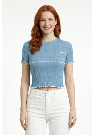 Neden Tekstil Dikdörtgen Desenli Marul Kenar Crop Triko Bluz - Mavi