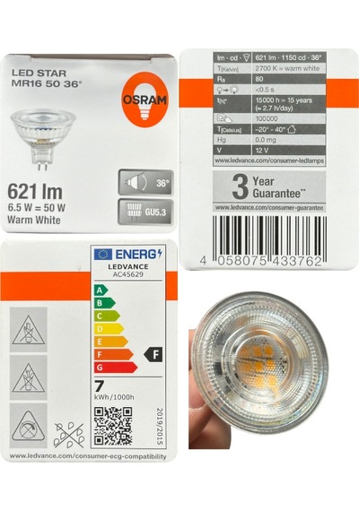 1 Adet Ledvance 12volt 6,5w 50w Sarı 2700k Gu5.3 Duylu İğne Bacak Led Spot Ampul