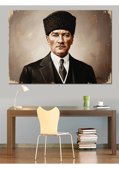 Siyah Beyaz Kalpak Başlıklı Atatürk Dekoratif Kanvas - Mdf Ahşap Tablo