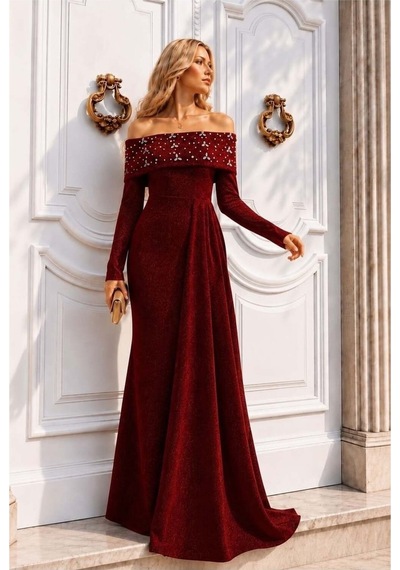 Lior Design Kadın Şık Model Degaje Yaka Dekolteli Maxi Uzun Kollu Abiye Elbise Kırmızı