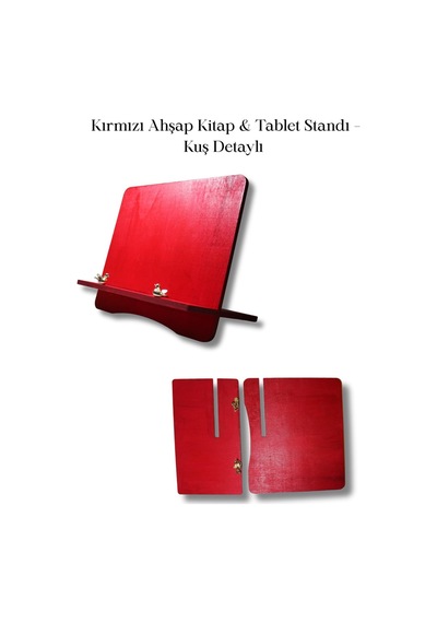 Kırmızı Ahşap Kitap Tablet Standı Kuş Detaylı