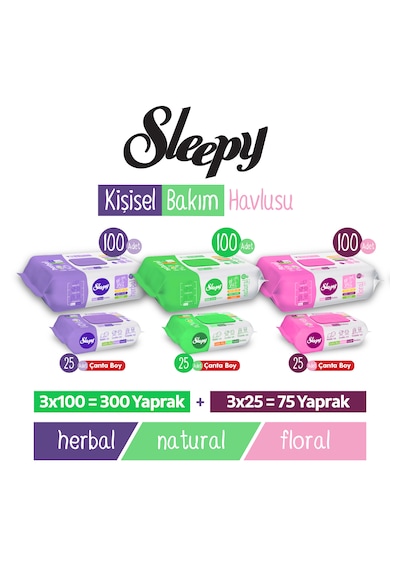 Sleepy Karma Kişisel Bakım Havlusu 3x100 300 Yaprak + Sleepy Karma Çanta Boy 3x25 75 Yaprak