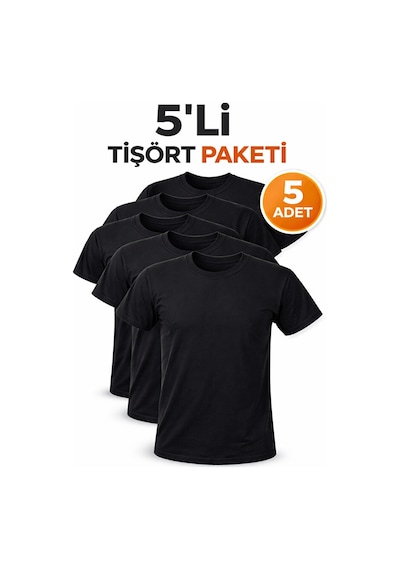 Vask 5 Li Erkek Basic Tişört Seti Pamuklu Regular Fit Günlük Rahat T-shirt Siyah