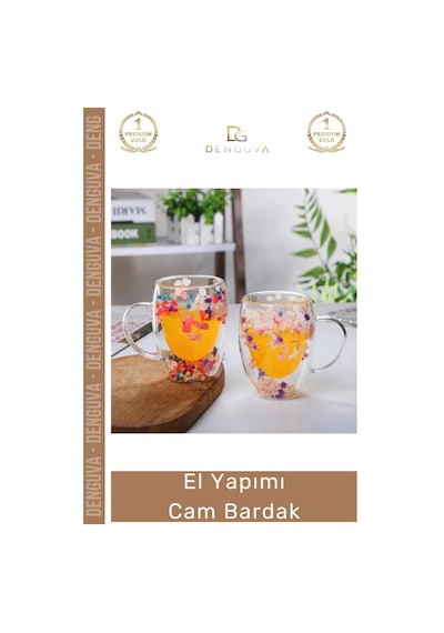 Cambardak Çift Camlı Kurutulmuş Çiçekli Borosilikat Şık Estetik Zarif Cam Handmade Bardak 250ml Çok Renkli