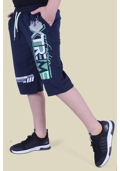 Fyk Kids Xtreme Yazı Baskılı Fosfor Renk Detaylı Çift Cep Erkek Çocuk Lacivert Kapri Lacivert