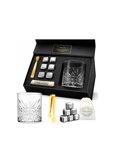 Perlotus Premium 345 Cc Kristal Bardak Ve Çelik Buz Küpü Seti Gıdaya Uygun Çelik Küp Gold Maşa Hediye Kutusunda Gümüş