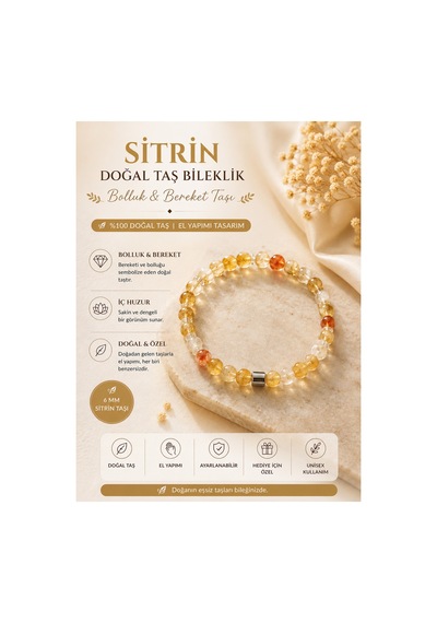 Leyan Doğal Taş Sitrin Bileklik 6 Mm Erkek Kadın Unisex Bolluk Bereket Sarı Sarı