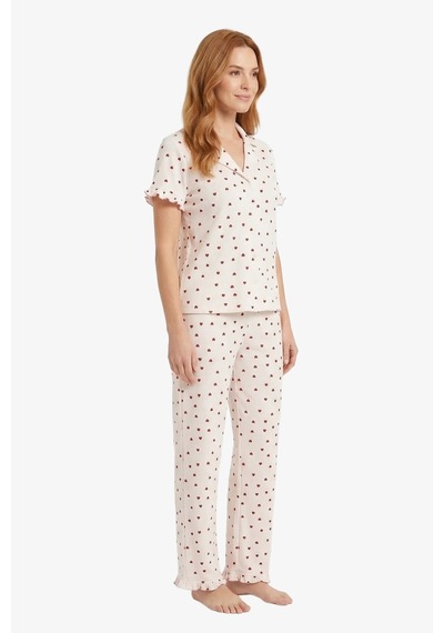 Cottonhill Krem Kalp Desenli Bürümcük Gömlek Yaka Kadın Pijama Takımı