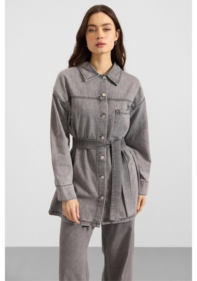 Olcay Metal Düğmeli Soft Denim Ceket Pantolon Gri 9401-tk