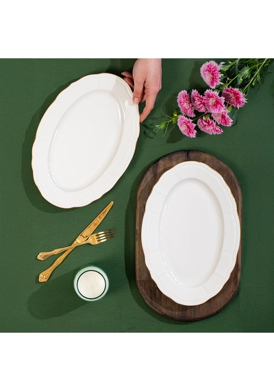 Porsima 4445 Tiffany Porselen Altın Fileli Kayık Tabak Seti - Oval Kahvaltılık Sunumluk Seti 30cm Beyaz