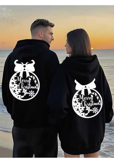 Nevermind Yılbaşı Sevgili Kombini Hoodie Merry Christmas Baskılı Oversize U Siyah