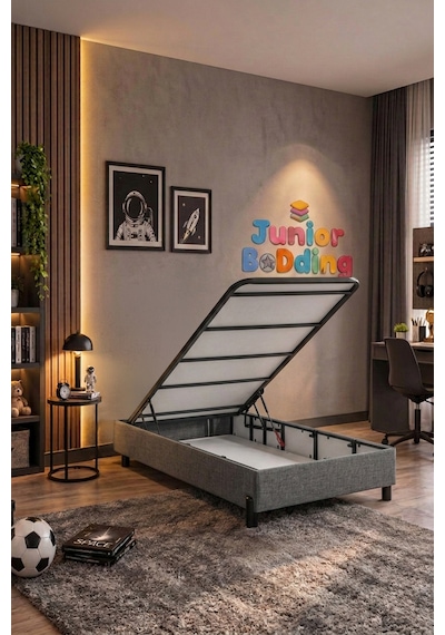 Junior Bedding 100x200 Tek Kişilik Yatak, Baza, Baza Başlık Seti Ortopedik Yataklı Sandıklı Baza 3 Lü Set Gri 100 x 200