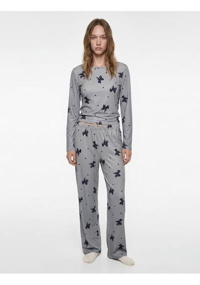 Koton Fiyonk Desenli Rahat Kesim 2'li Pijama Takımı Gri Desenli 6wlk40263mk