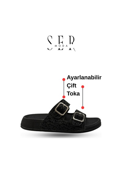 Sermoda Çift Toka Kadın Terlik - Rahat Ve Esnek Tabanlı Ayarlanabilir Bantlı Kadın Terlik Siyah
