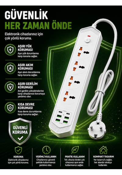 4 Lü Akım Korumalı Evrensel Priz 3000w 10a, 2 Type-c + 4 Usb-a, 2 Metre Kablolu Çoklu Priz 1 - 3 M