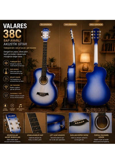 Valares 38c Kesik Kasa Sap Ayarlı Akustik Gitar 38 4/4 Full Aksesuar Hediyeli Mavi Sunburst Blue Sunburst