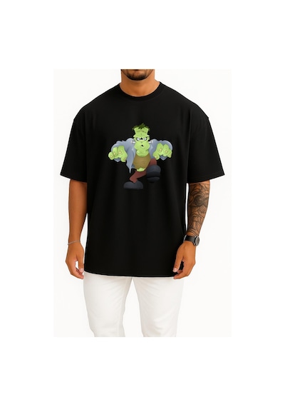 Bahriyeli Collection Oversize Monster Frankenstein Halloween Göğüs Tasarımlı Unisex T-shirt Siyah