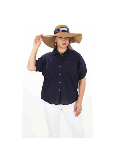 Lady Majestic %100 Cotton Yazlık Organik Büyük Beden Kadın Gömlek Lacivert