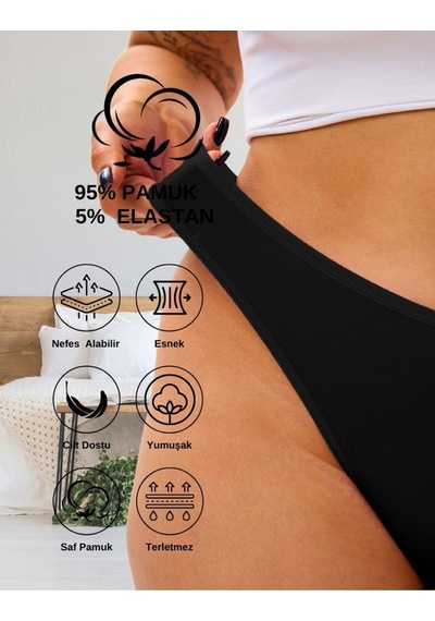 Alya Underwear Kadın Pamuklu Tanga Külot - 2 Siyah, 1 Beyaz, 2 Ten S, M, L, Xl, 2xl - 5 Adet Renkli P02