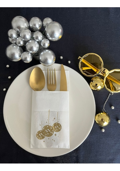 Gold Yaldızlı Beyaz Disco Topu Cepli Peçete 12 Adet 40x40