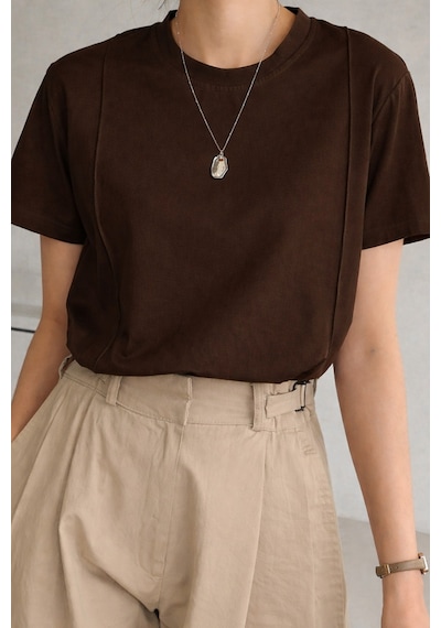 Kadın Kısa Kollu Çizgi Detaylı Basic Tişört Süprem Kumaş Yazlık Rahat T-shirt Kahverengi