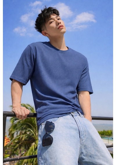 Tarz Cool Erkek Jakarlı Oversize Tişört Bisiklet Yaka Rahat Kalıp Yazlık Basic T-shirt Lacivert
