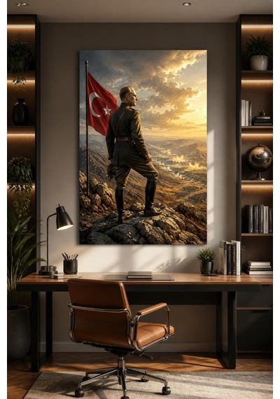 Atatürk Temalı Baskılı Cam Tablo Türk Bayrağı Manzara Dekorasyonu