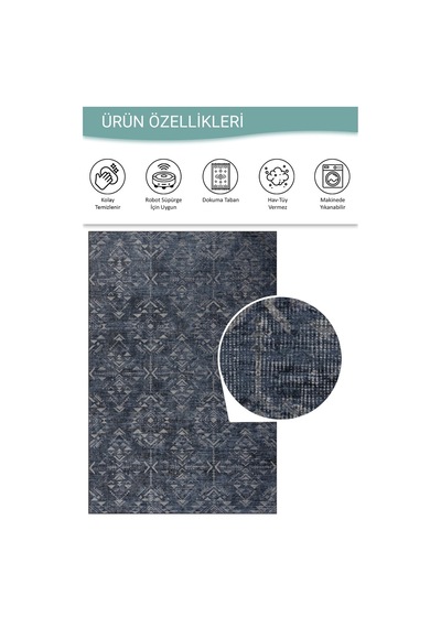 Artloop Nora Lacivert Etnik Desenli Dokuma Tabanlı Modern Şönil Halı Al 501