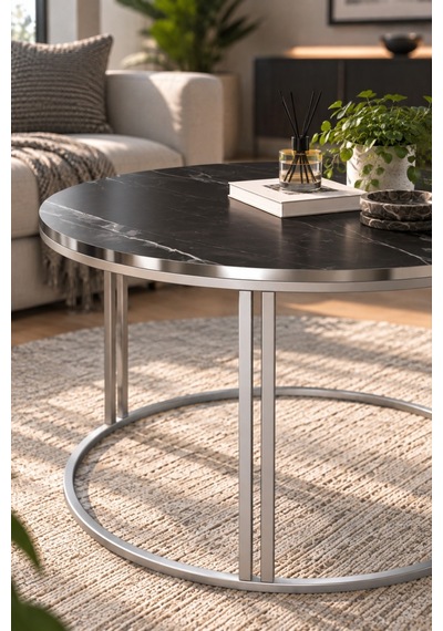 Sulorahome Siyah Mermer Desenli Yuvarlak Orta Sehpa 70 Cm
