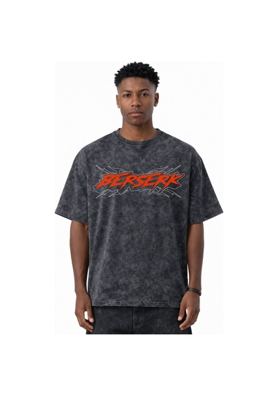 Berserk Guts Anime Baskılı Unisex Oversize Eskitme Yıkamalı Tişör Siyah