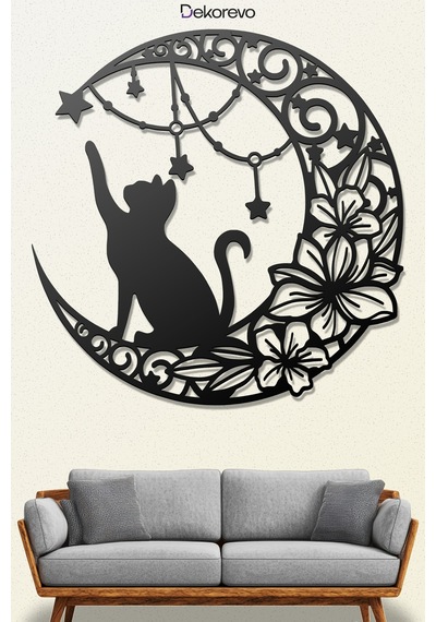 Floral Hilal Ve Kedi Silüeti Dekoratif Metal Tablo - Metal Duvar Sanatı - Siyah - 75 X 75 Cm