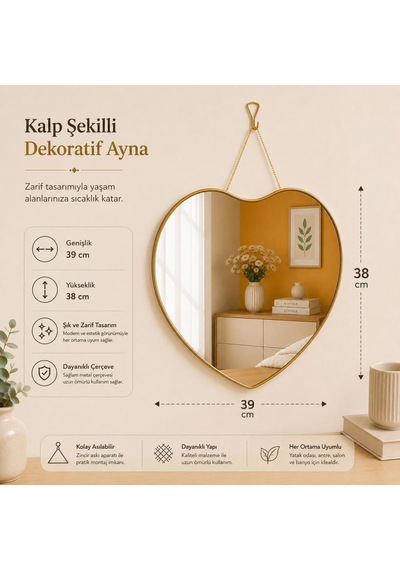 Tr 39x38cm Dekoratif Kalp Şeklinde Duvar Aynası-gold Çerçeveli Salon Mutfak Antre Banyo Aynası Genel
