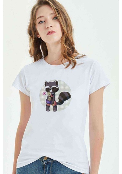 Groot Kedi Baskılı Beyaz Kadın Tshirt