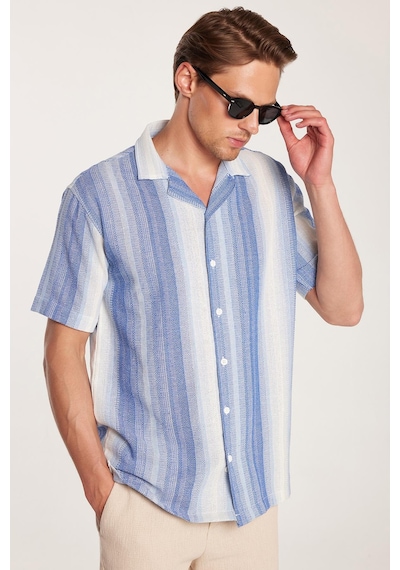 Tudors Relax Fit Oversize Dökümlü Rahat Kalıp Çizgili Keten Efekt Erkek Gömlek-33898 Çok Renkli