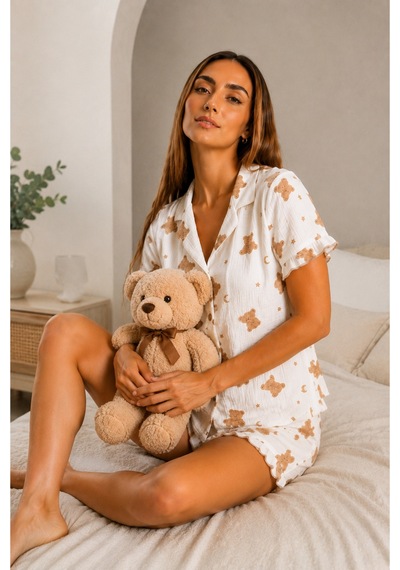 Kadın Günlük Düğmeli V Yaka Kar Beyaz Pijama Takımı