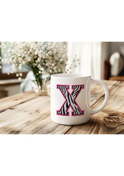 X Harfi Zebra Deseni Ve Pembe Kenarlı Kupa Bardak - Kişiye Özel Nakış Efektli - Siyah Beyaz Pembe Beyaz