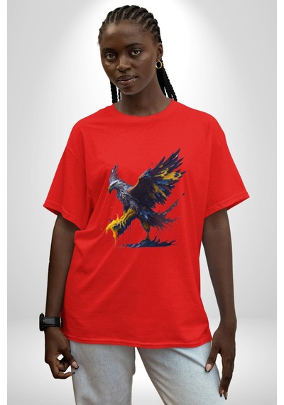 Kara Kartal Sulu Boya Pamuklu Bisiklet Yaka Unisex Oversize Boyfriend Dijital Baskılı Kırmızı T-shirt Kırmızı
