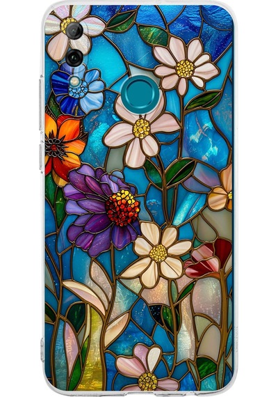 Printify Huawei P Smart 2019 İle Uyumlu Vitray Mavi Bahar Tasarımlı Şeffaf Silikon Kılıf Şeffaf