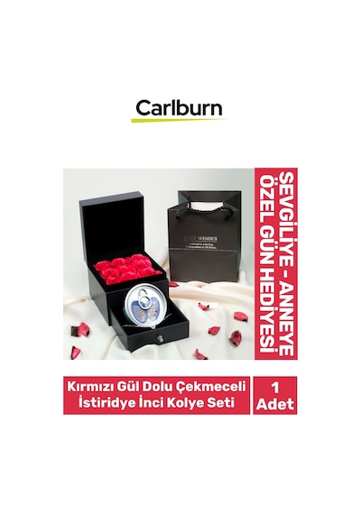 Özel Gün Hediye Sevgiliye Anneye Arkadaşa Kırmızı Gül Dolu Çekmeceli Kutu İstiridye İnci Kolye Seti