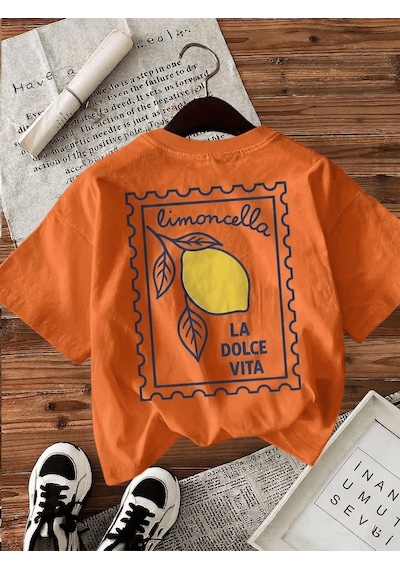 Limoncella "la Dolce Vita" Baskılı Oversize Pamuklu Kadın T-shirt Turuncu