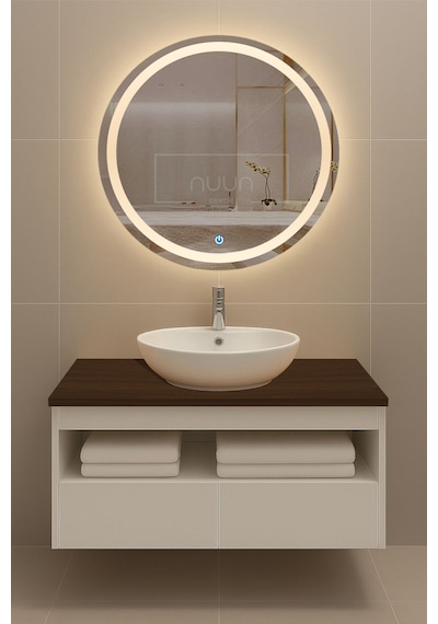 Aurora 60cm Banyo Dolabı Seti Yuvarlak Led'li Dokunmatik Ayna + Mdf Lavabo Dolabı + Seramik Lavabo Beyaz - Ceviz